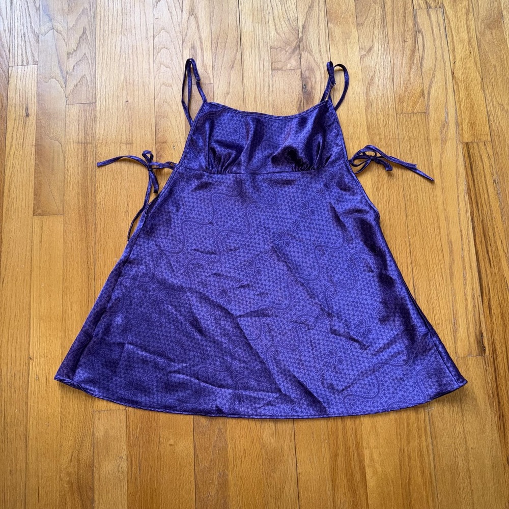 Vintage Warner's Sleepwear Chemise M Purple Satin Floral Tie Side Gown 90s Slip
